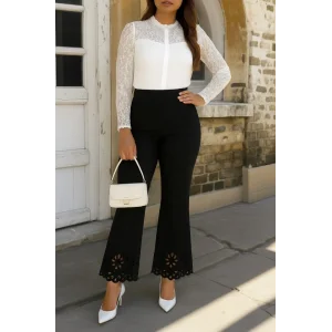 Kadın Yüksek Bel Paçaya Doğru Genişleyen Lazer çiçek Kesim Detaylı Ithal Krep Pantolon