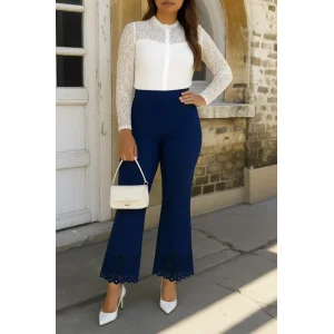 Kadın Yüksek Bel Paçaya Doğru Genişleyen Lazer çiçek Kesim Detaylı Ithal Krep Pantolon