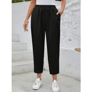 Kadın Yüksek Bel Yandan Cepli Düğme Detaylı Geniş Kesim Ithal Krep Pantolon