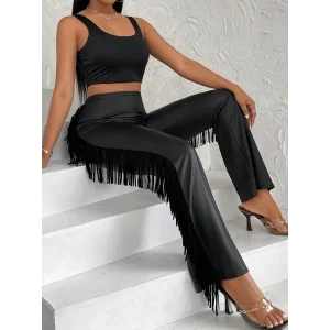 Kadın Yüksek Bel Yanlardan Püsküllü Deri Pantolon