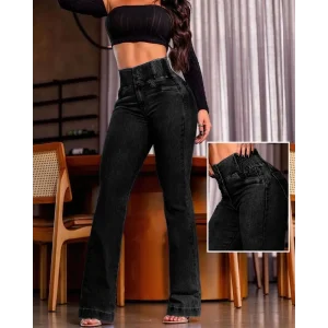 Kadın Yüksek Bel Yanları Lastik önü Düğmeli Kot Pantolon