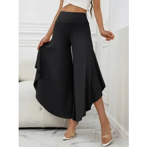 Kadın Yüksek Belli Geniş Paçalı Yanlardan Açık Sandy Pantolon