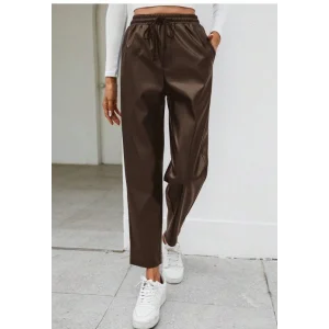 Kadın Yüksel Bel Bağcıklı Deri Pantolon