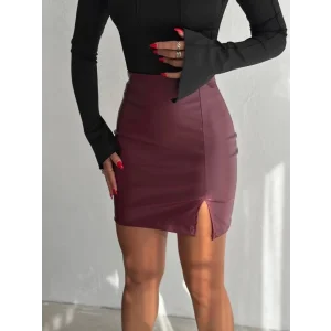 Kadın Yüksel Bel Yırtmaç Detay Mini Deri Etek