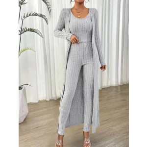 Kadın Yuvarlak Yaka Askılı Krop Bluz Yüksek Bel Tayt Ve Uzun Hırka şardonlu Kaşkorse üçlü Takım