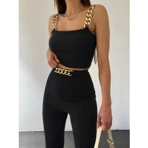 Kadın Zincir Askılı Krop Ithal Krep Bluz Ve Pantolon Ikili Takım