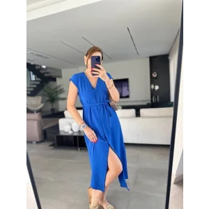 Kadınn V Yaka Düğme Detay Kuşak Dahil Elbise