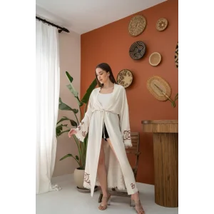 Kahverengi Baskı Detay Keten Hırka