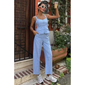 Kalın Askılı Bluz Pantolon Keten Takım 10187