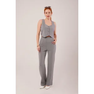 Kalın Askılı Düğmeli Yelek Ve Pantolon Gri Takım