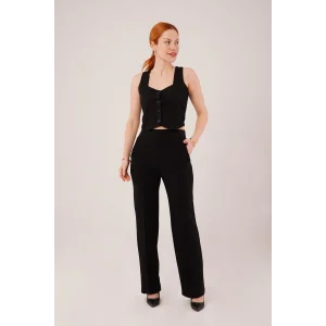 Kalın Askılı Düğmeli Yelek Ve Pantolon Siyah Takım