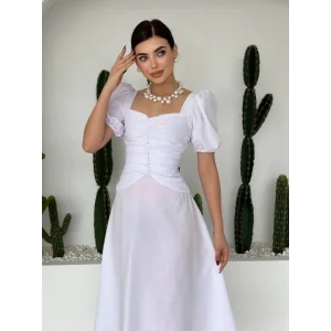 Kare Yaka Düğmeli Elbise