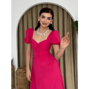 Kare Yaka Düğmeli Elbise