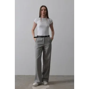 Kemerli Palazzo Pantolon - Gri-Beyaz