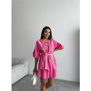 KETEN BEL BÜZGÜLÜ BLUZ-PANTOLON TAKIM - Fuşya