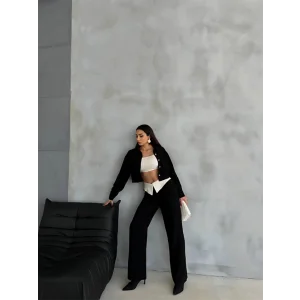 KETEN GÖMLEK-CROP-SALAŞ PANTOLON TAKIM - Siyah