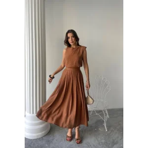 KETEN KOLSUZ BLUZ - MAXİ ETEK TAKIM - Kahverengi