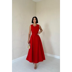 Kırmızı Halter Yaka Kloş Elbise