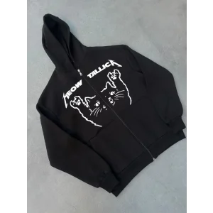 Kışlık Baskılı Fermuarlı Kapüşonlu Hırka - Siyah