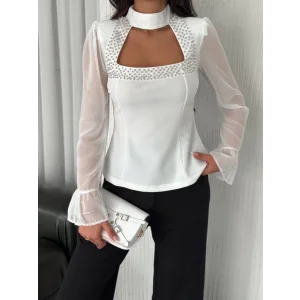 Kolları Şifon Göğüste İnci Boncuk Detaylı Bluz - Beyaz