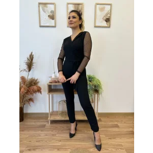 Krep Kumaş Kol Tül Puan Detaylı Kuşaklı Tulum 141 Cm