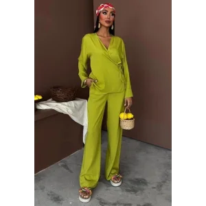 Kruvaze Model Klasik Pantolonlu Çupra Keten Takım 10191