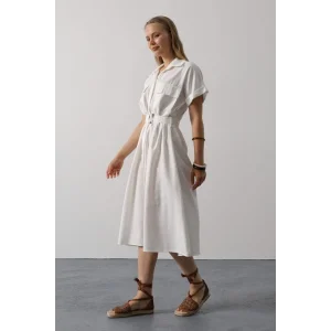 Kuşaklı Cep Detaylı Yarım Kol Elbise - Beyaz