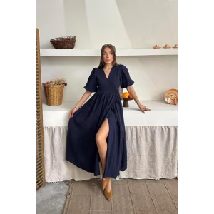 Lacivert Müslin Uzun Elbise