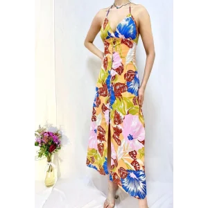 Mavi Sırt Dekolteli Keten Elbise