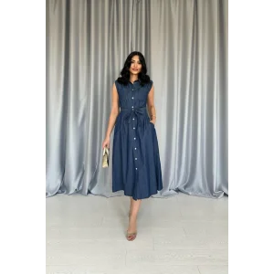Mavi Tencel Çıtçıtlı Elbise