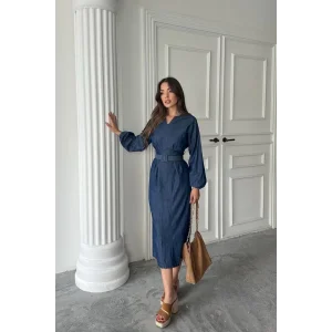 Mavi Tencel Uzun Kollu Elbise