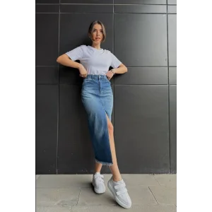 Mavi Yırtmaçlı Kot Etek