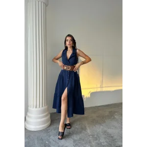 MÜSLİN ELBİSE GÖMLEK YAKA KOLSUZ ÖNDEN DÜĞMELİ - Lacivert