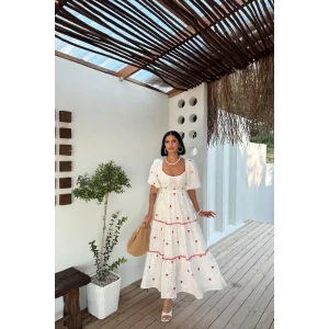 Nar Çiçeği Dantel Detaylı Brode Elbise