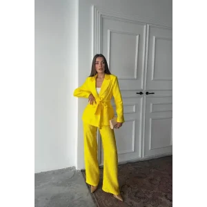 Neon Beli Kuşaklı Ceket Ve Pantolon Parlak Takım