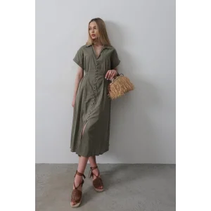 Önü Düğmeli Kısa Kol Elbise - Haki
