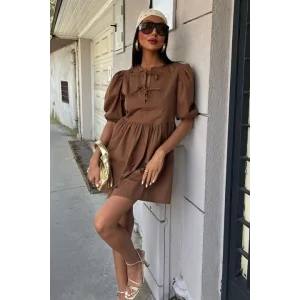 Önü Fiyonk Bağlamalı Ve Balon Kollu Elbise 2893