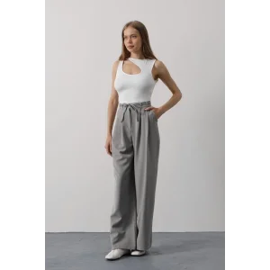 Pileli Bağcıklı Oversize Pantolon - Gri