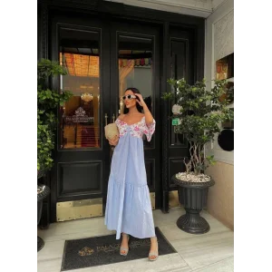 RENKLİ NAKIŞ DESENLİ ELBİSE - Mavi