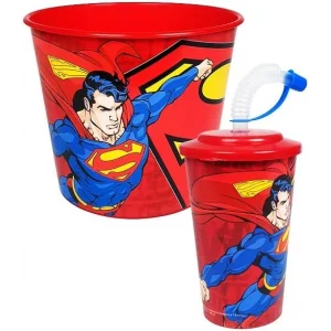 Renkli Popcorn, Çerez, Pipetli Pratik Bardak Seti,Atıştırmalık, Mısır Kovası, 2li Set, (Kırmızı/Erkek)