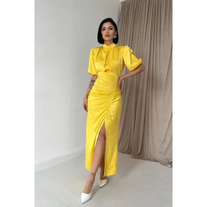 Sarı Büzgülü Saten Elbise