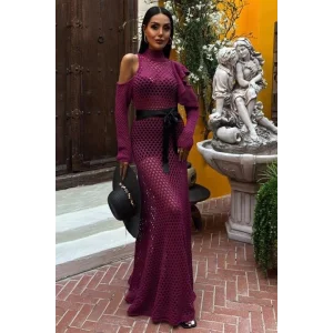 Saten Kuşaklı Ajurlu Triko Elbise 2847