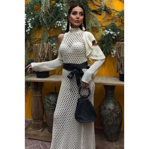 Saten Kuşaklı Ajurlu Triko Elbise 2847