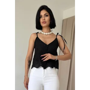 Siyah Bağcıklı Brode Bluz