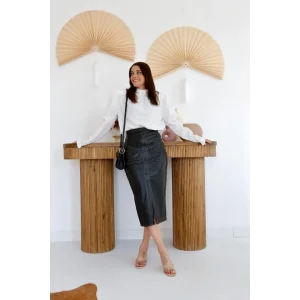 Siyah Cep Detaylı Deri Etek