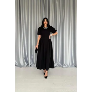 Siyah Etek Yanları Büzgülü Balon Kollu Elbise