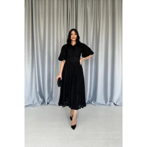 Siyah Kemerli Balon Kollu Elbise