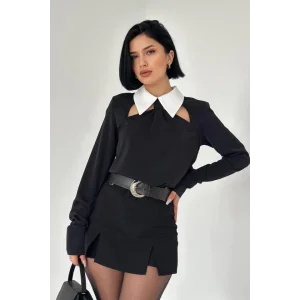 Siyah Önü Kravat Detaylı Bluz
