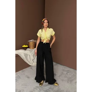 Siyah Paçası Fırfırlı Keten Pantolon