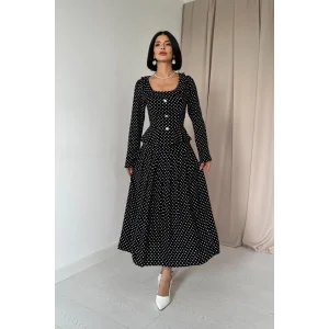 Siyah Puantiye Desenli Volanlı Elbise